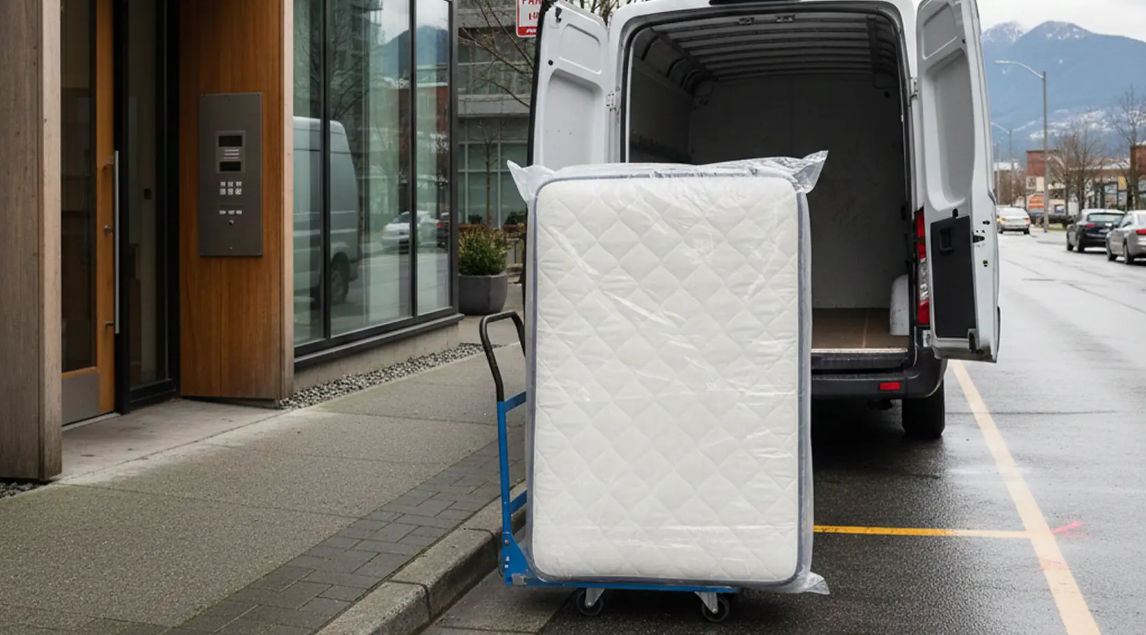 Mattress on a dolly beside a cargo van at the curb, showing Single Item Movers Vancouver doing a one-piece pickup.