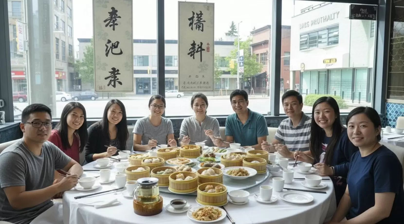 Group enjoying dim sum at a Richmond eatery, warm community vibe that captures everyday life in Richmond BC, and answering Is Richmond BC a Good Place to Live?