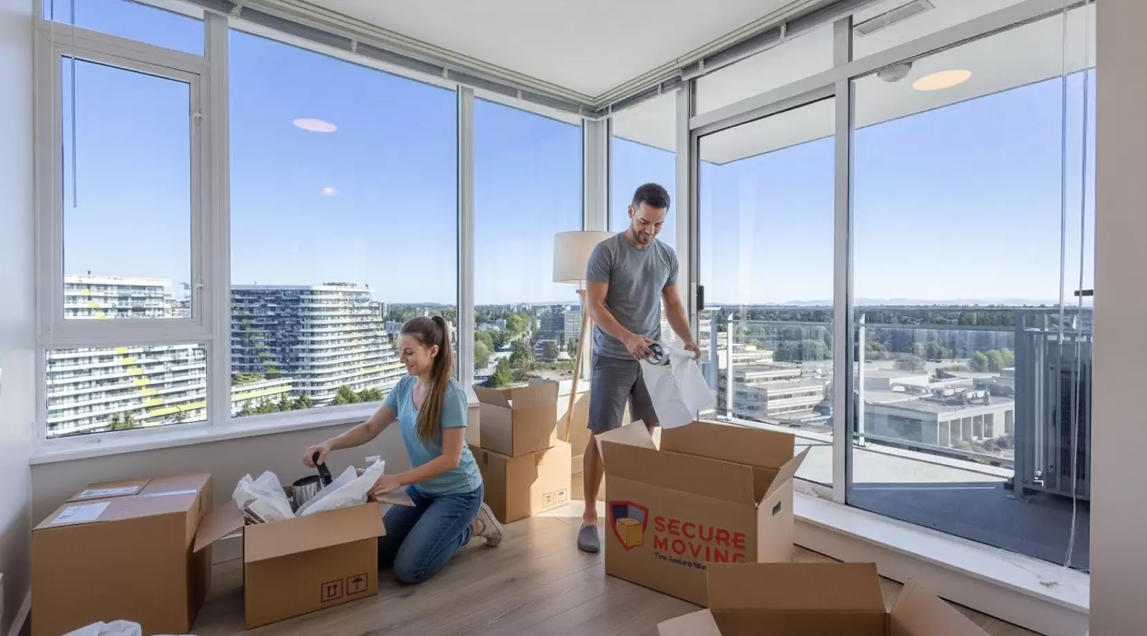 Couple unpacking boxes in a bright high-rise condo, moving to Richmond BC, having checked housing prices in Richmond.