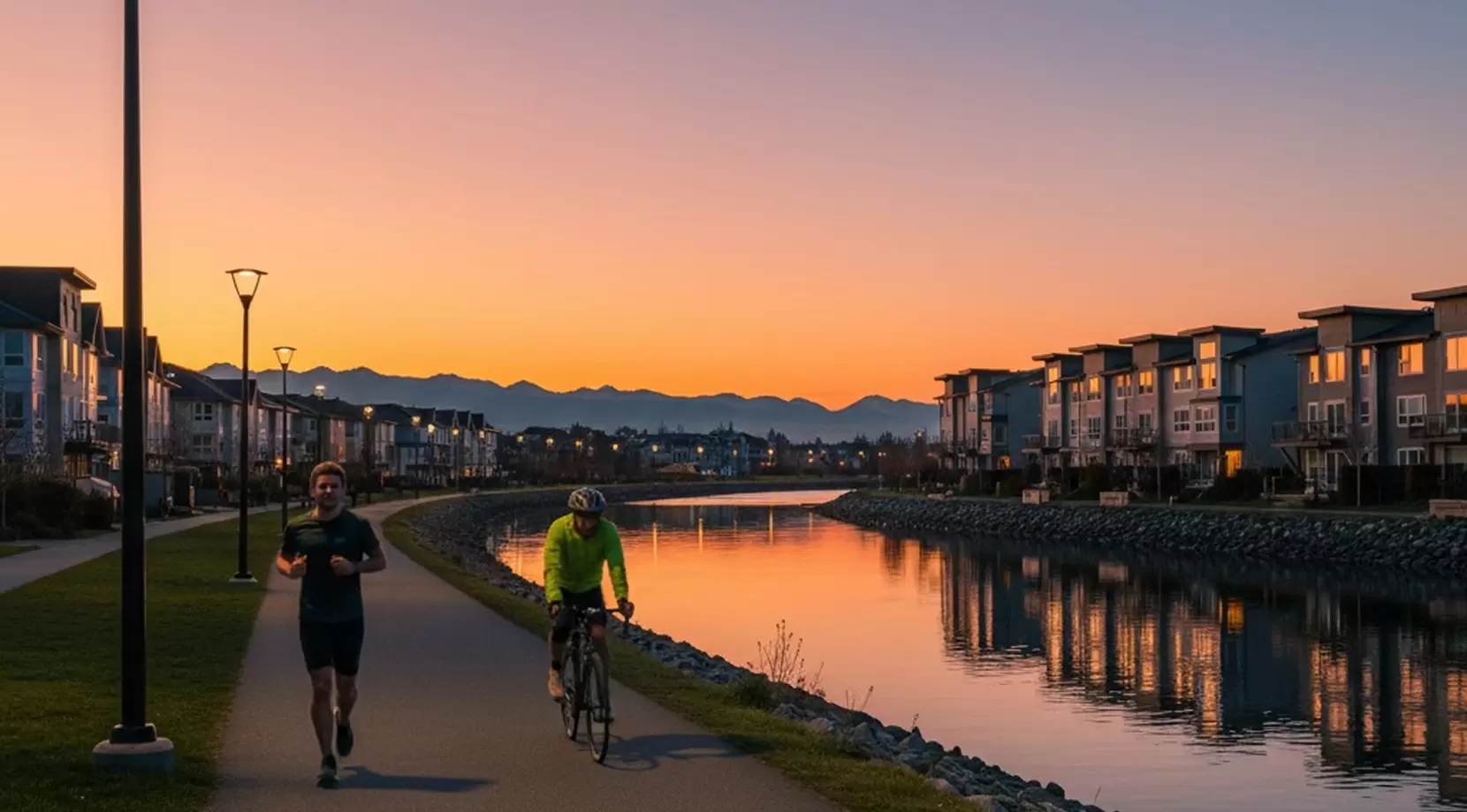 Sunset jogger and cyclist along West Dyke Trail, Richmond, calm canal and townhomes in view, highlighting the active Richmond BC lifestyle.