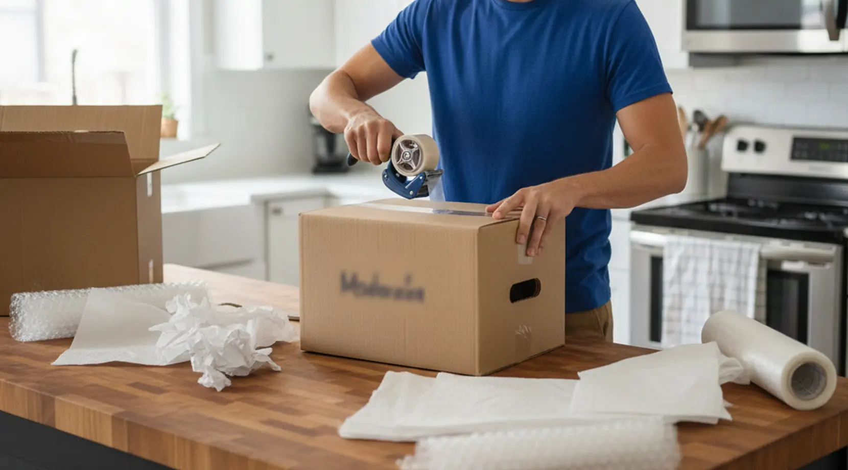 Man packing a box in his kitchen, showing the cheapest way to move locally by DIY packing with free or reused supplies.