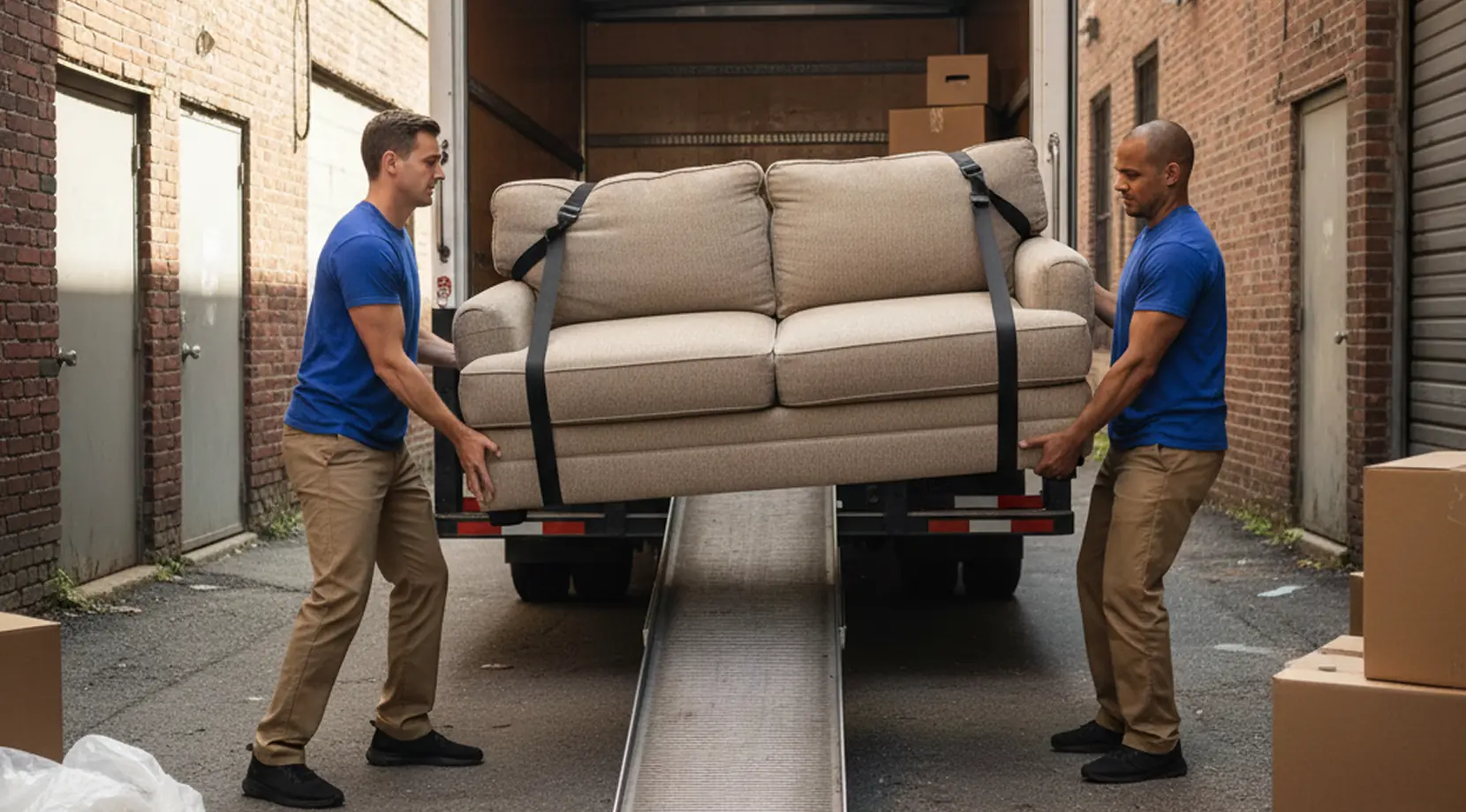 Two movers loading a sofa up a ramp into a truck, illustrating affordable local moving with low cost local movers.