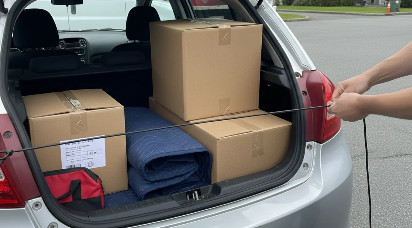 Hatchback trunk filled with boxes and blankets, a budget local move tactic using your own car as the cheapest way to move locally.