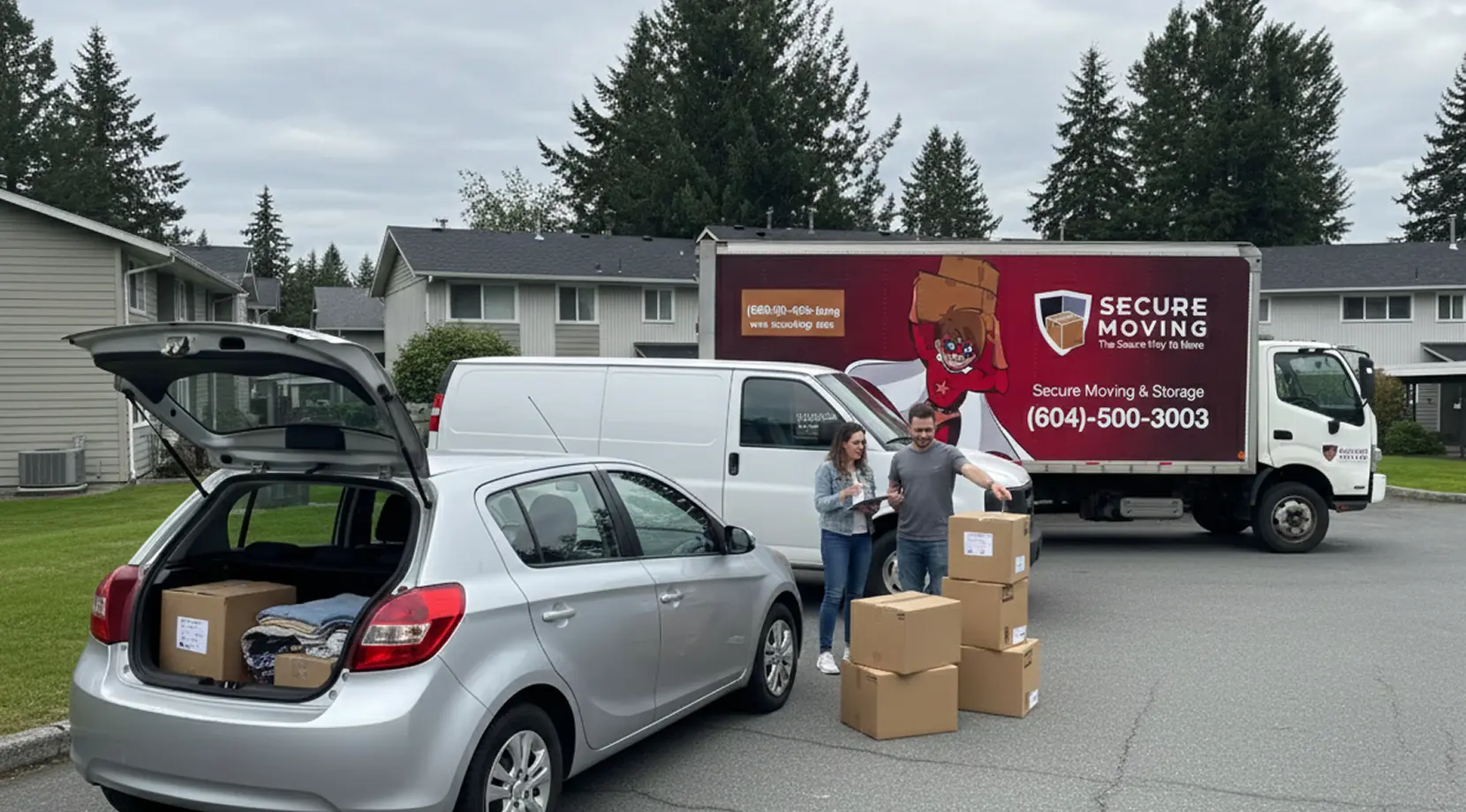 Couple organizing boxes beside a car and a moving truck, comparing cheap movers near me with DIY for the cheapest way to move locally.