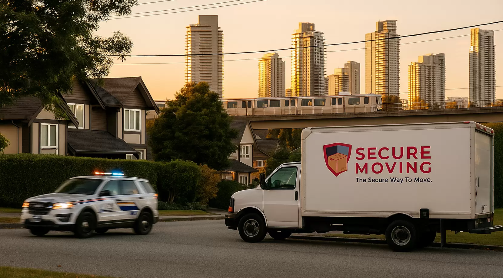 Burnaby residential block at golden hour with Brentwood towers and a SkyTrain overhead. A discreet RCMP SUV passes. A moving van shows the Secure Moving logo, suggesting safe, ordinary life.