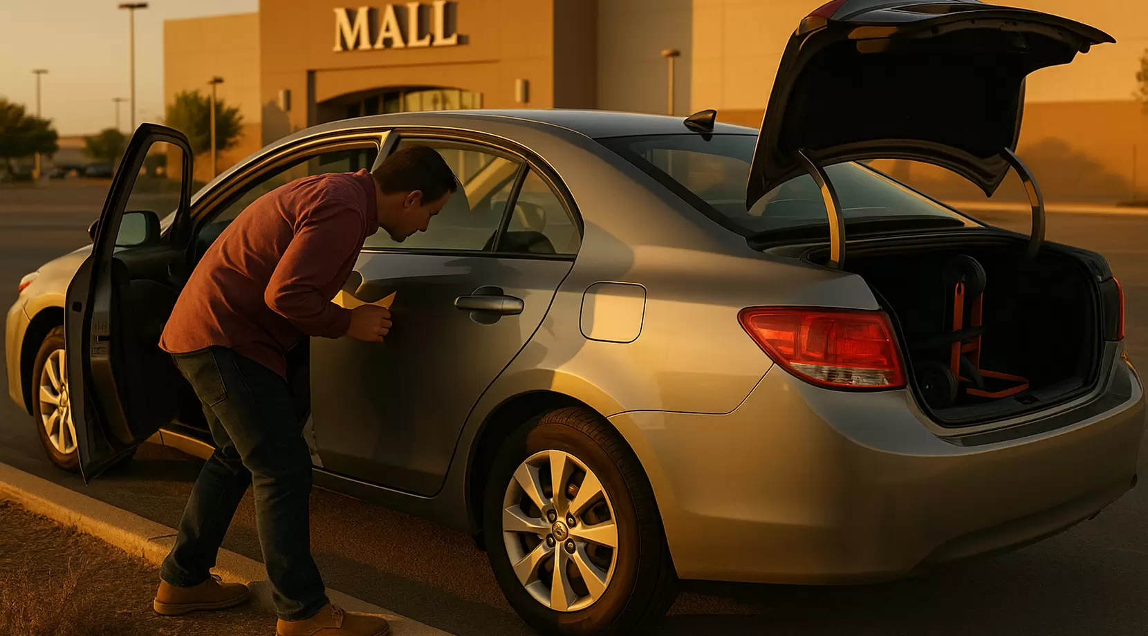 Mall parking curb with light. A driver checks the backseat and locks the door. A dolly is strapped inside the trunk with a Secure Moving logo sticker on the strap.