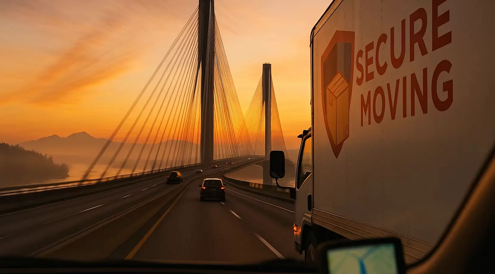 Over-the-shoulder view from beside a moving truck in the right lane crossing Port Mann at sunrise. Subtle motion in cables, tablet map glow visible through the windshield, mountains ahead, gentle mist over the Frase.