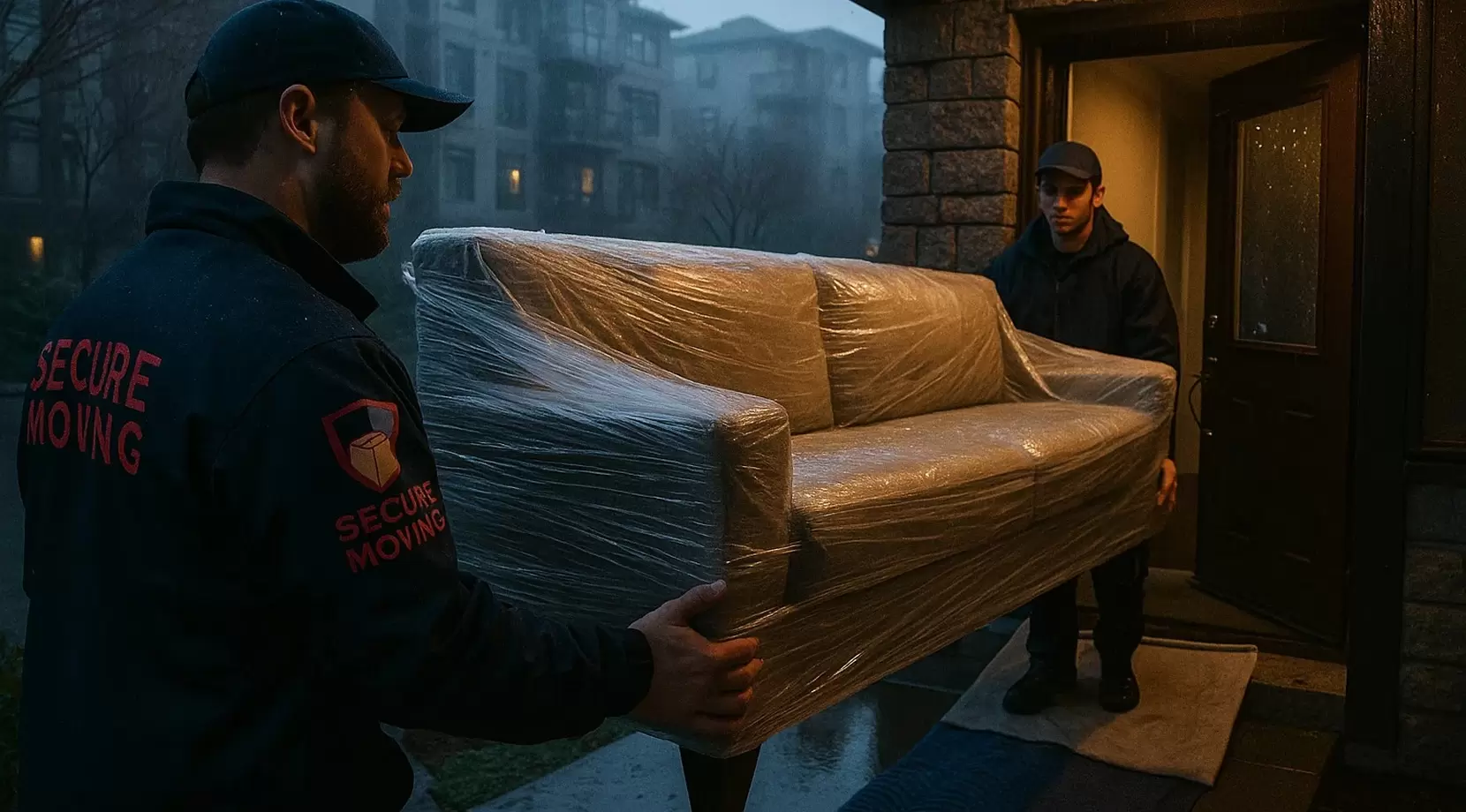 Rainy Vancouver condo move dawn, movers lift wrapped sofa under canopy, floor runners glisten, Secure Moving logo patch on jacket, truck idles curbside, mountains faint, puddles reflecting safety cones nearby.