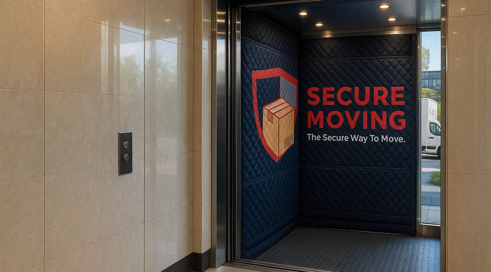 Elevator lined with quilted pads branded Secure Moving, apartment moving tips about reserving the elevator and protecting common areas.