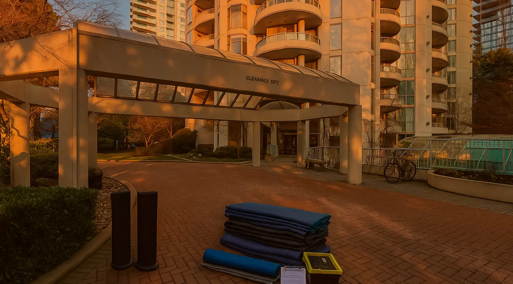 Condo front drive prepped for a move with stacked moving blankets and a dolly at sunrise, a packing for apartment move scene before the elevator reservation.