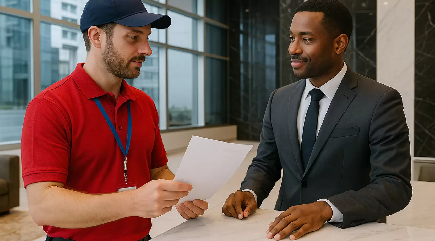 Mover in a red polo handing paperwork to a building concierge at the front desk, hiring professional movers and handling an address change during move in.
