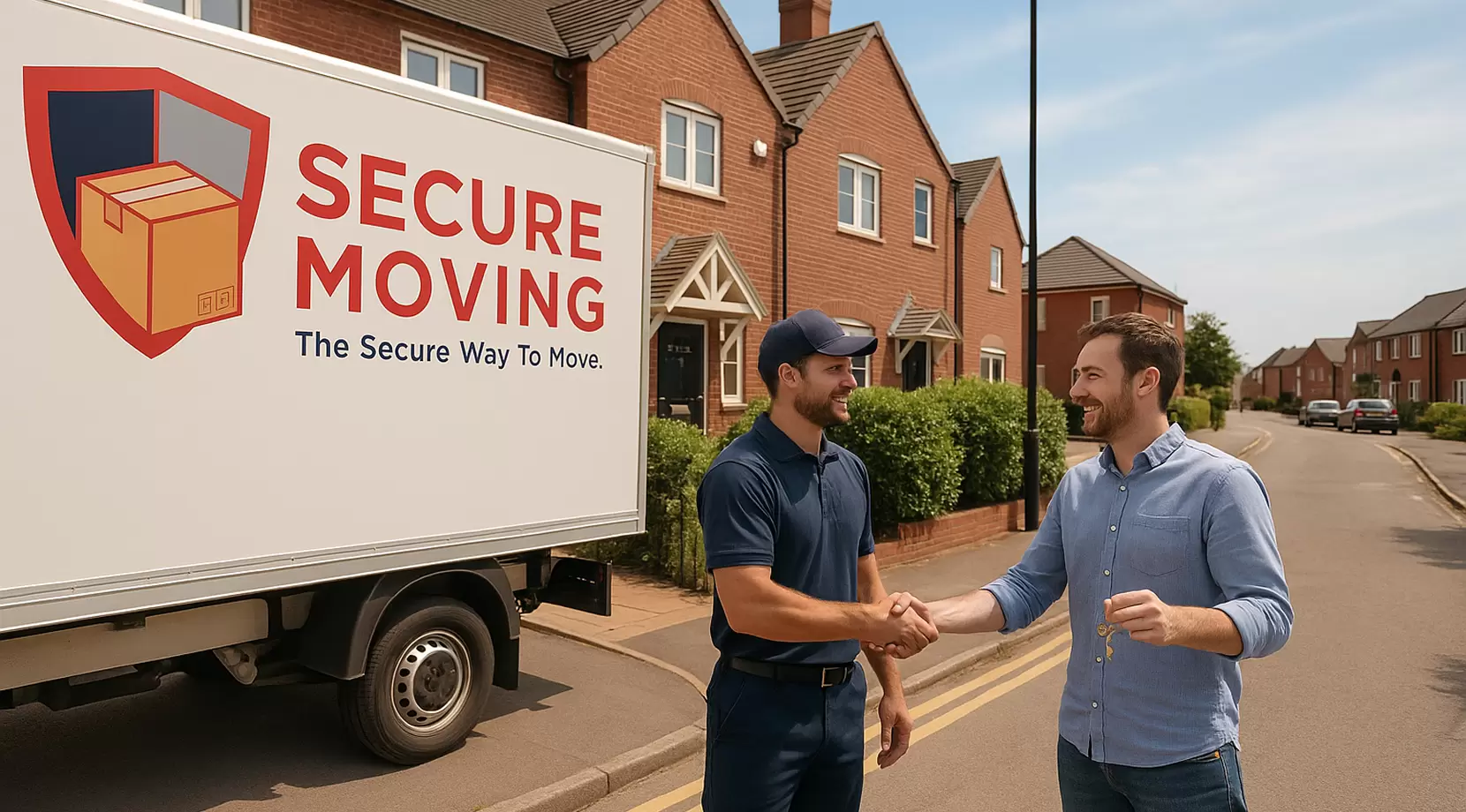 Ultra realistic curbside photo of a Secure Moving truck with logo, mover in uniform shaking hands with a homeowner holding keys, quiet residential Burnaby street visible in the background today.