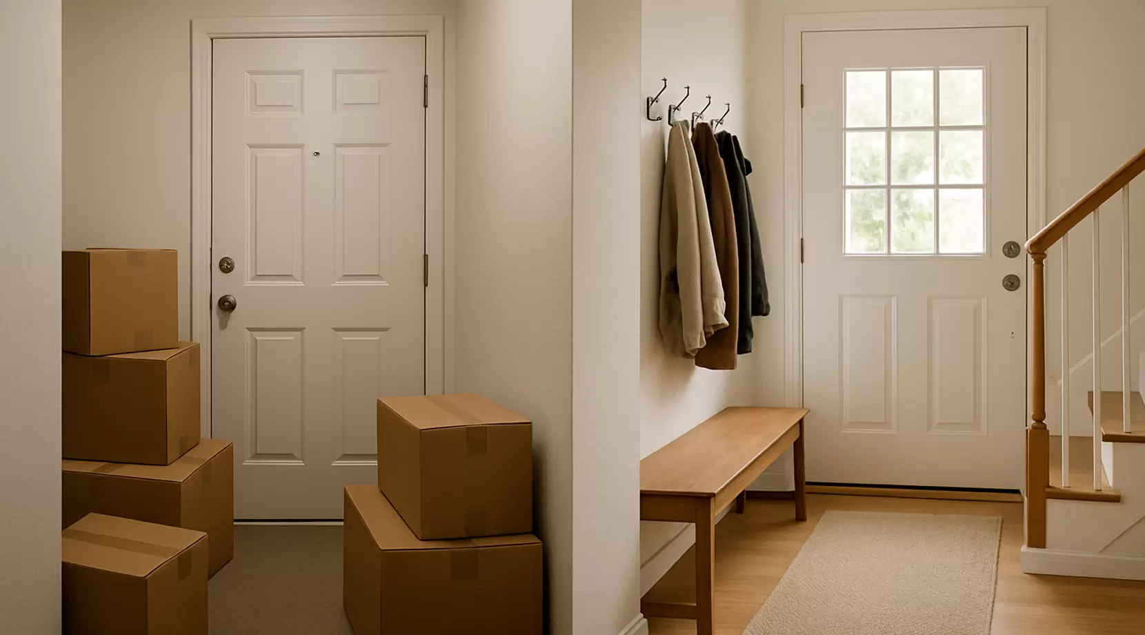 Split interior scene shows an apartment hallway stacked with boxes beside a bright house entry with stairs and bench, illustrating changes after moving from a condo into a detached home.