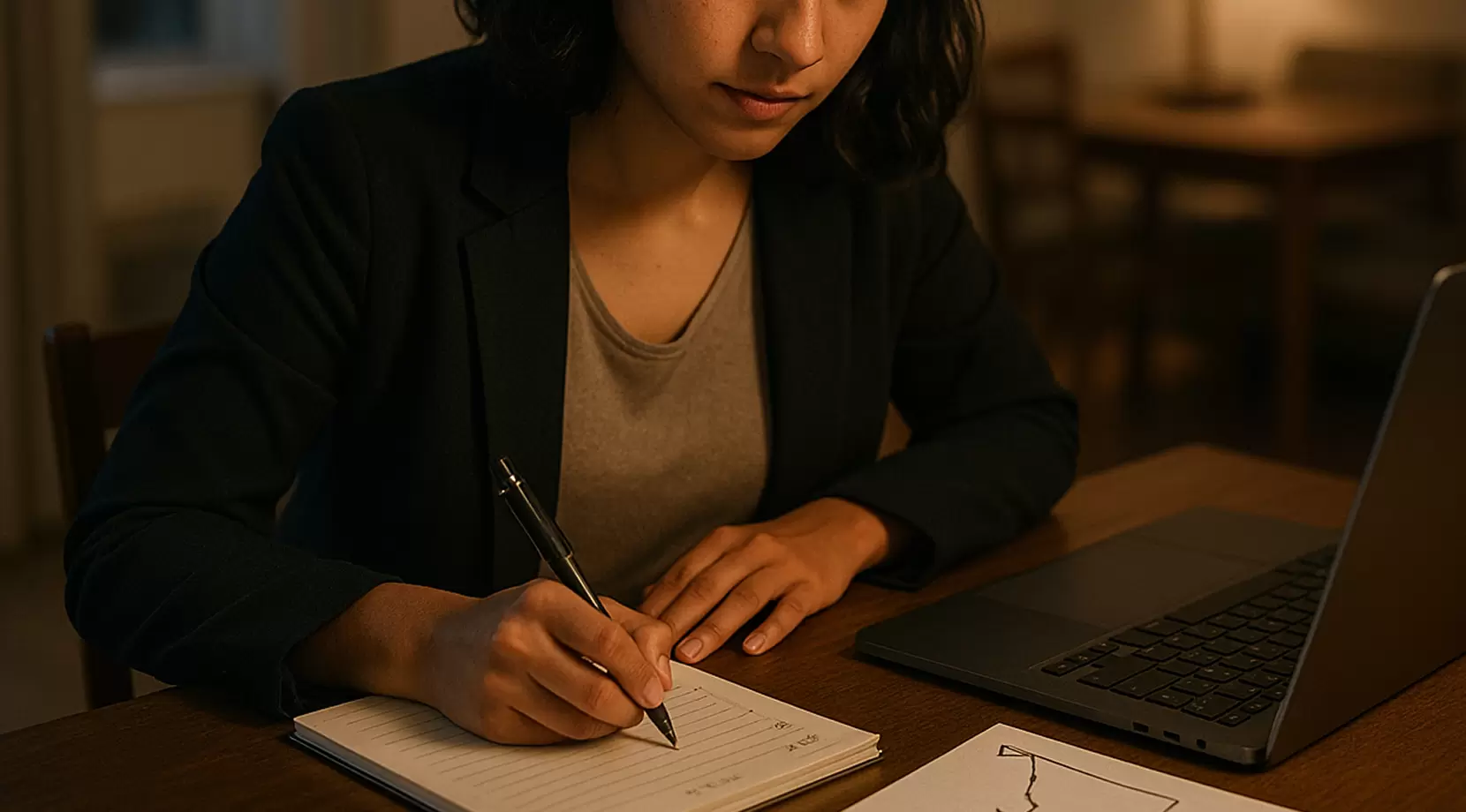 Young professional at an apartment dining table with laptop, notebook, and BC map, calculating apartment to house moving expenses, estimating time, access challenges, and services before booking a moving company.