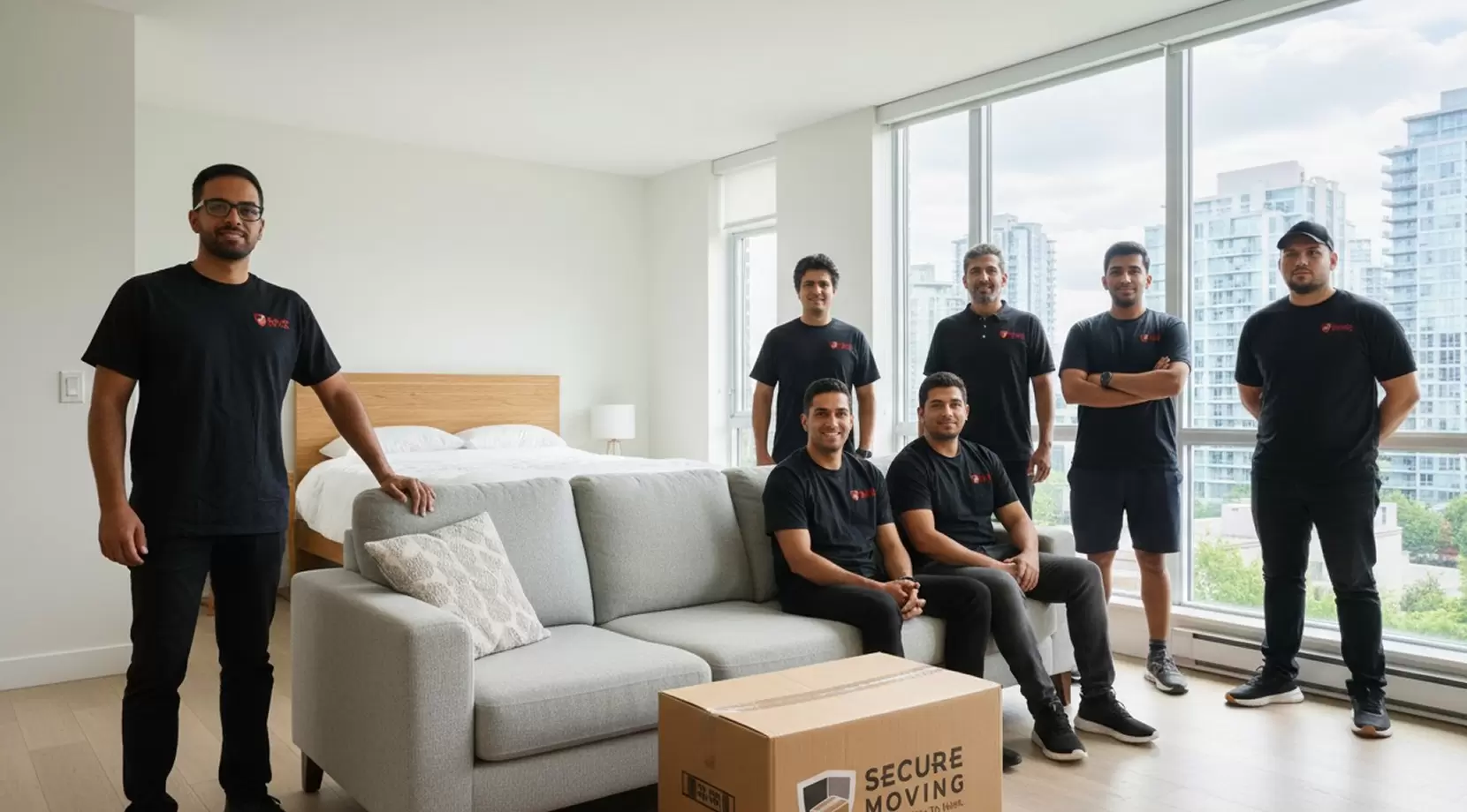 Residential crew in a condo living room with sofa and labeled box, illustrating apartment furniture moving tips for moving into an apartment.