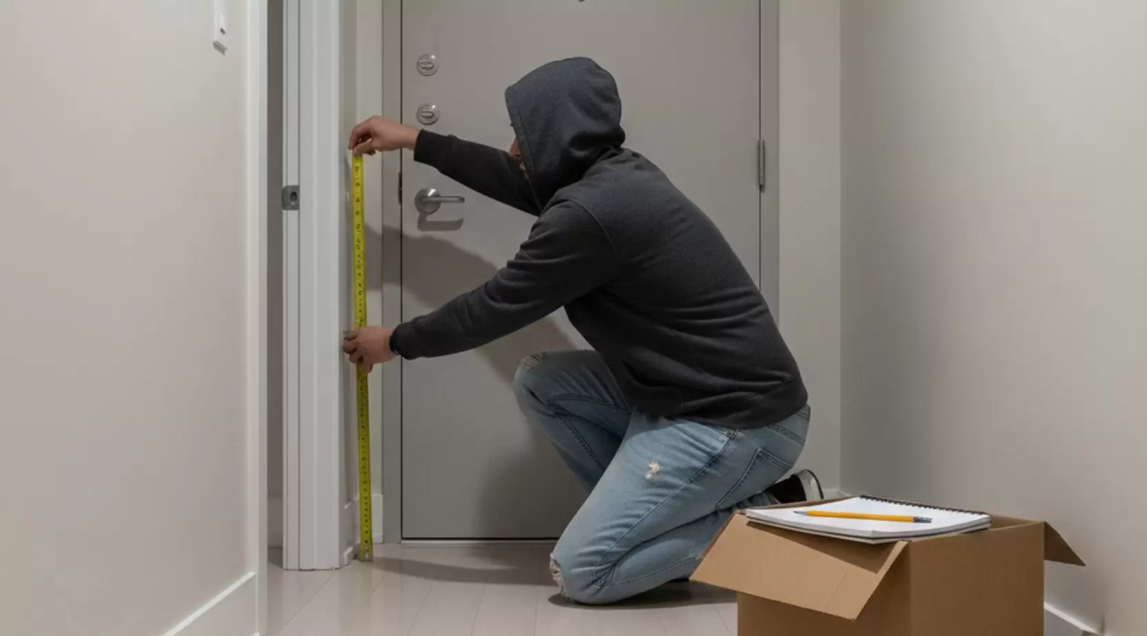 Tenant measures the door frame at unit 407 with a tape, part of measuring furniture before moving and a furniture moving checklist for small spaces.