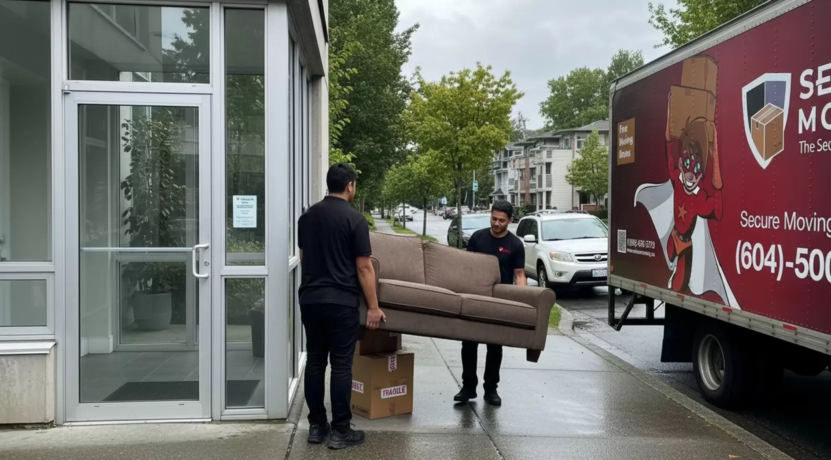 Two movers carry a sofa from an apartment entrance to the truck on a wet sidewalk, showing moving heavy furniture safely during moving furniture into an apartment.