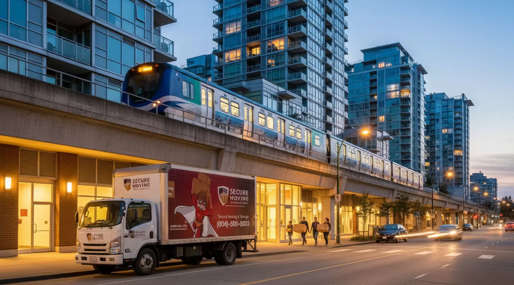 SkyTrain passing high-rise condos as movers work curbside in central Richmond, a real-life streetscape often used to discuss Is Richmond BC a safe place.