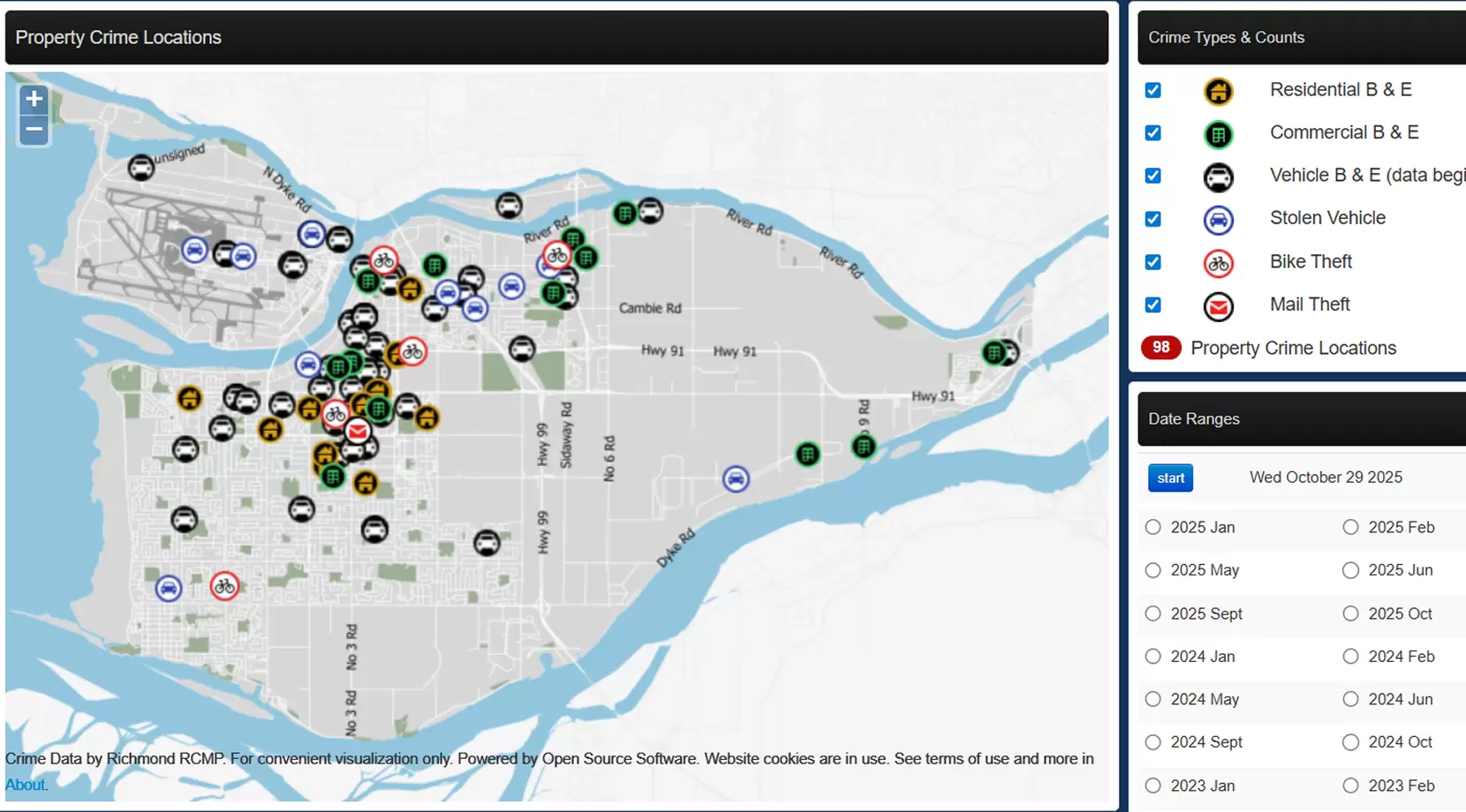 RCMP dashboard view mapping property incidents across Richmond, a visual reference for discussing the Richmond BC crime rate and Safety in Richmond, British Columbia.