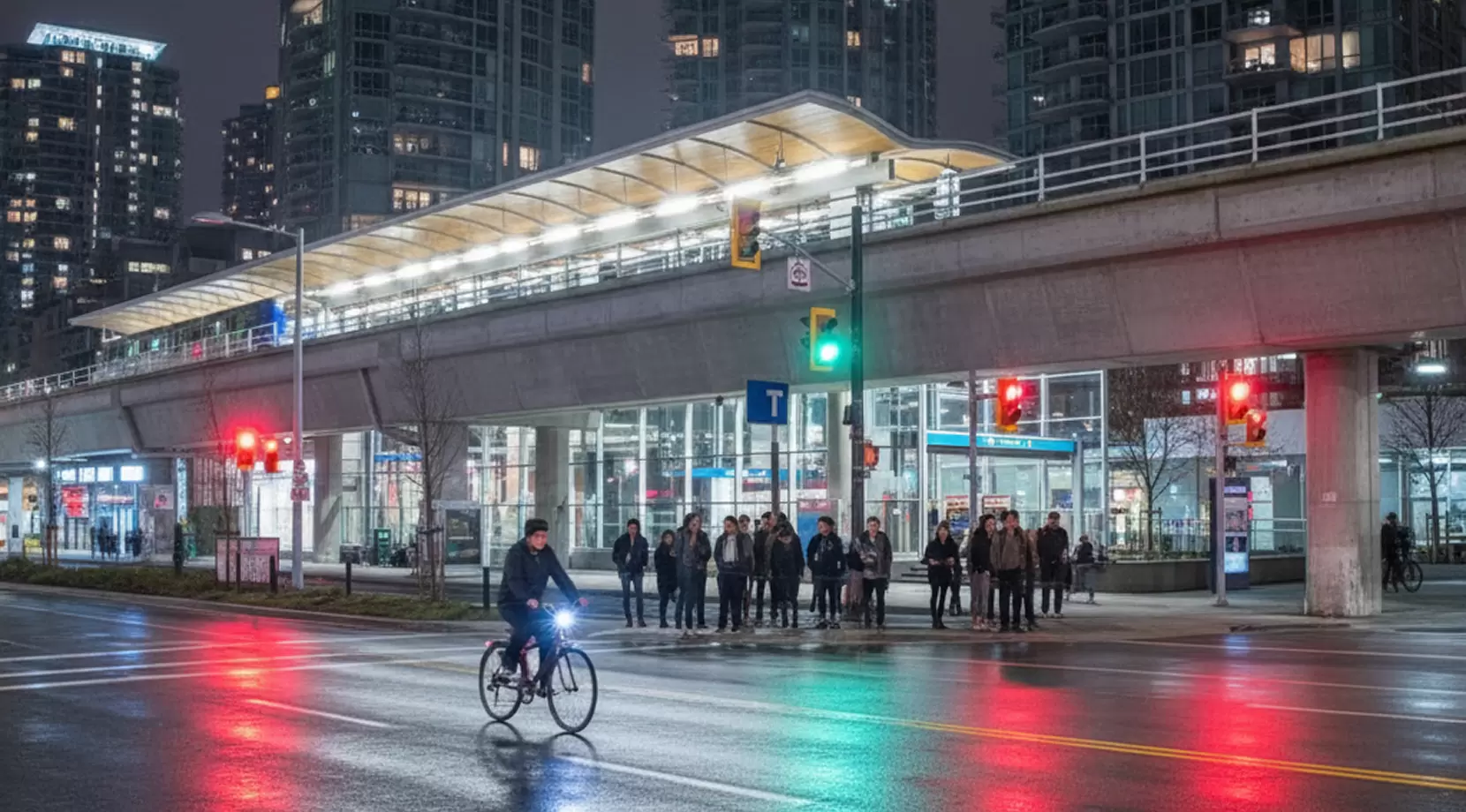 Nighttime scene at a Richmond SkyTrain station with pedestrians and a cyclist under bright lights, highlighting Richmond BC safety around busy transit hubs.