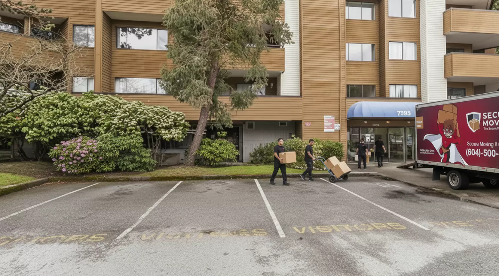 Secure Moving truck in a Richmond apartment visitors’ lot, showing a typical move-in setting and nearby condos, used as an answer to is Richmond BC safe to live in and an example of Richmond BC safe neighborhoods.