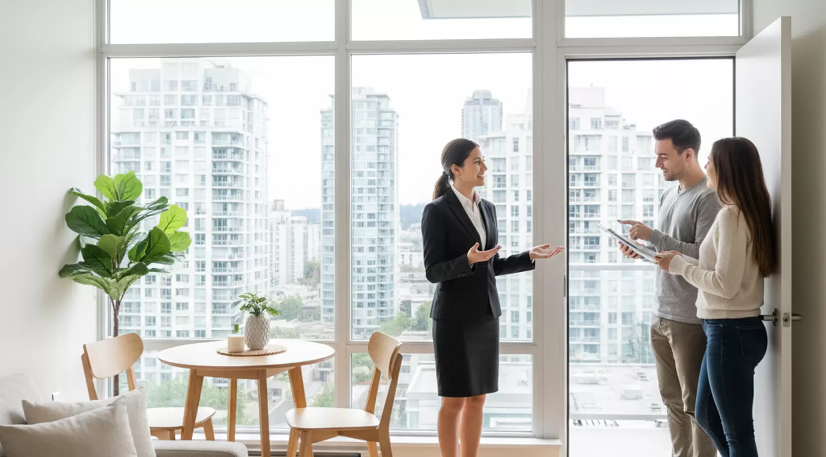 Couple touring a high-rise condo with an agent showing rent in Richmond BC and Richmond apartment prices context for affordability in Richmond BC.