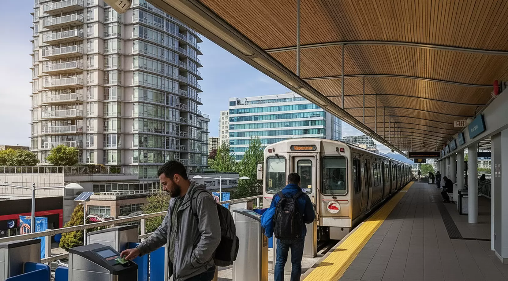 Richmond–Brighouse SkyTrain station and commuters showing transportation costs in Richmond, including transit pass cost, for the cost of living in Richmond.