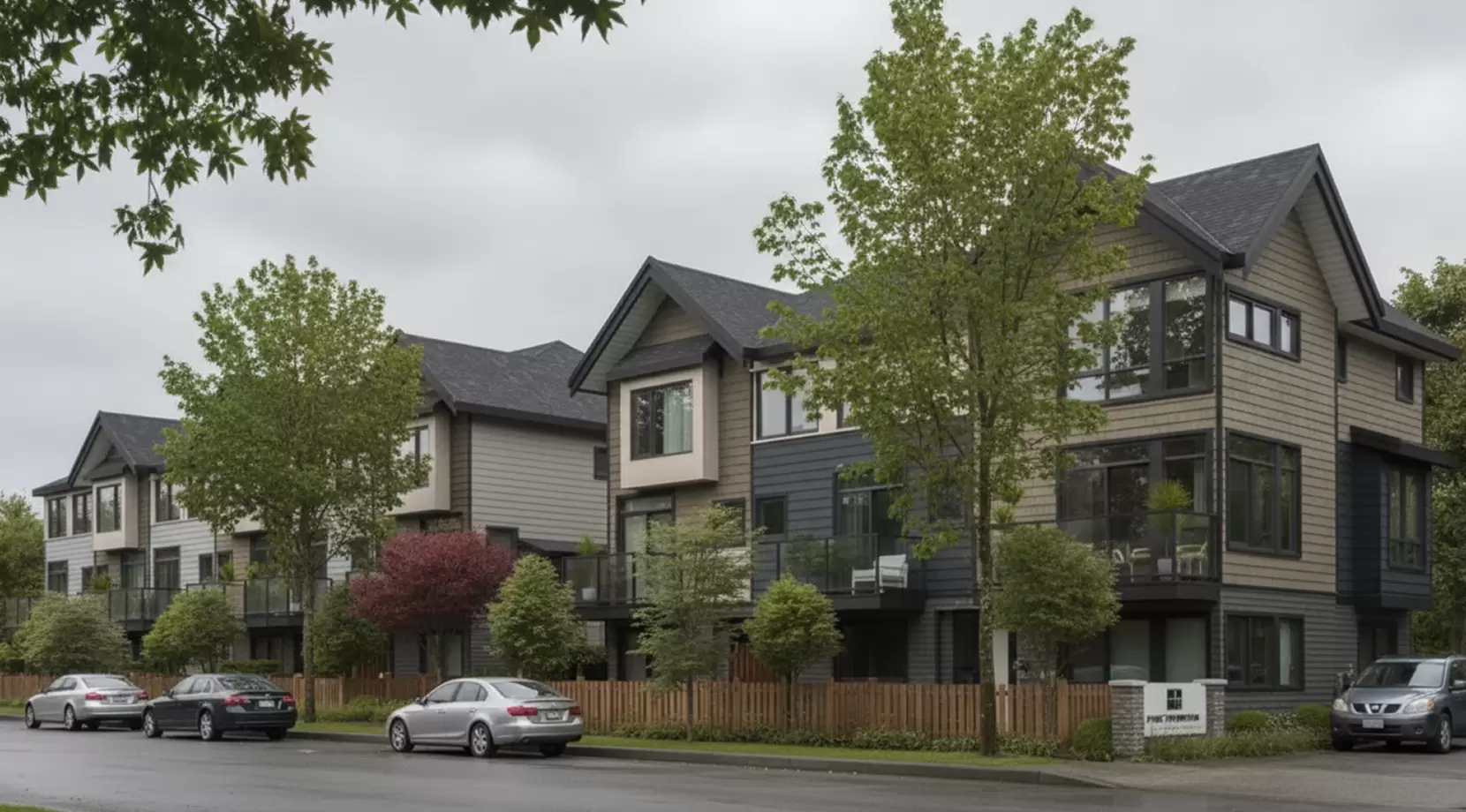 Townhouse row in Richmond BC with street parking, giving an example of housing cost and rent prices in Richmond BC for a cost of living in Richmond BC guide.