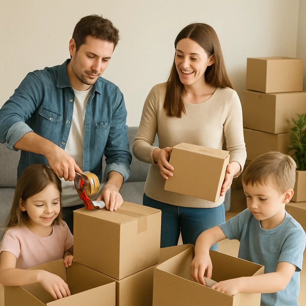Family packing moving boxes together at home in preparation for a move.