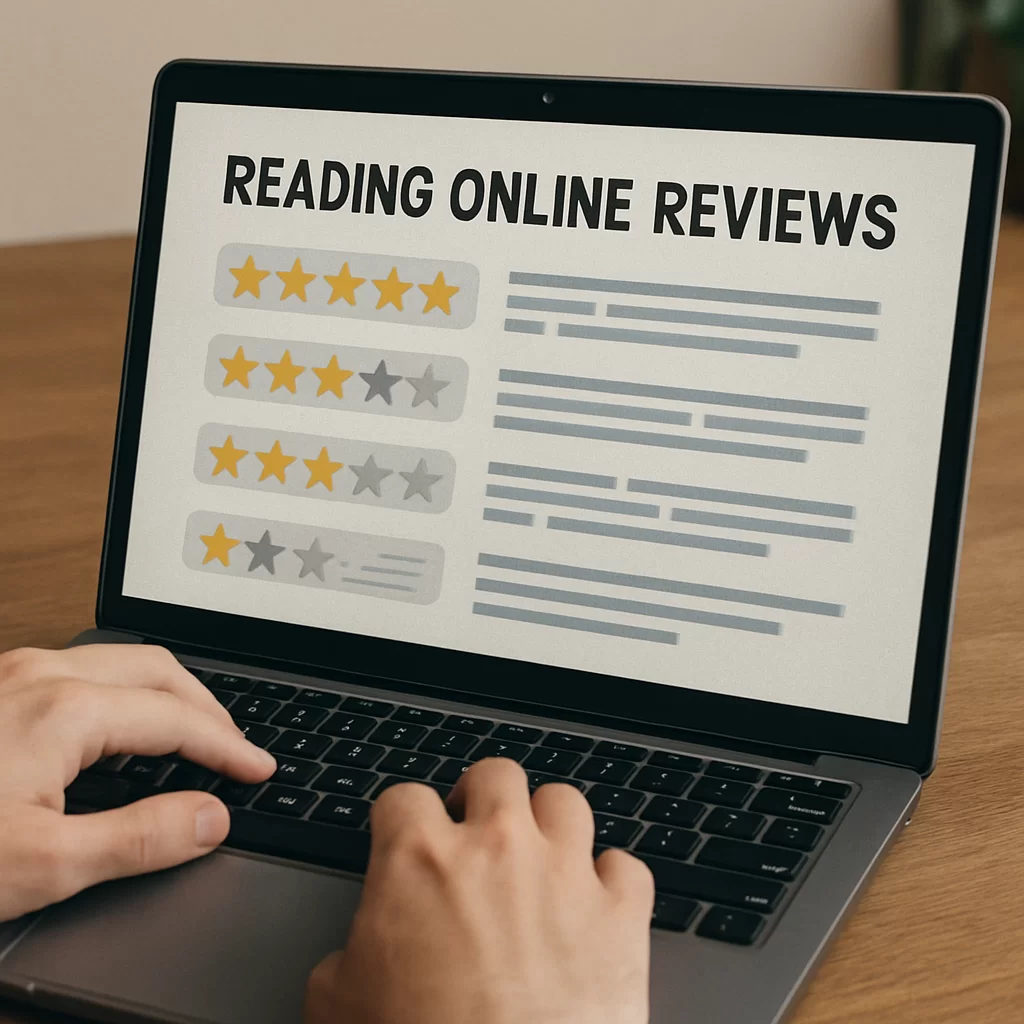 Person using a laptop to read online reviews with star ratings displayed on the screen.