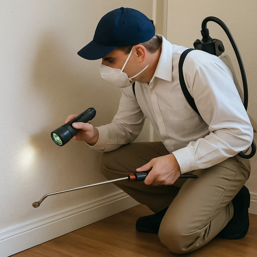 Exterminator inspecting home