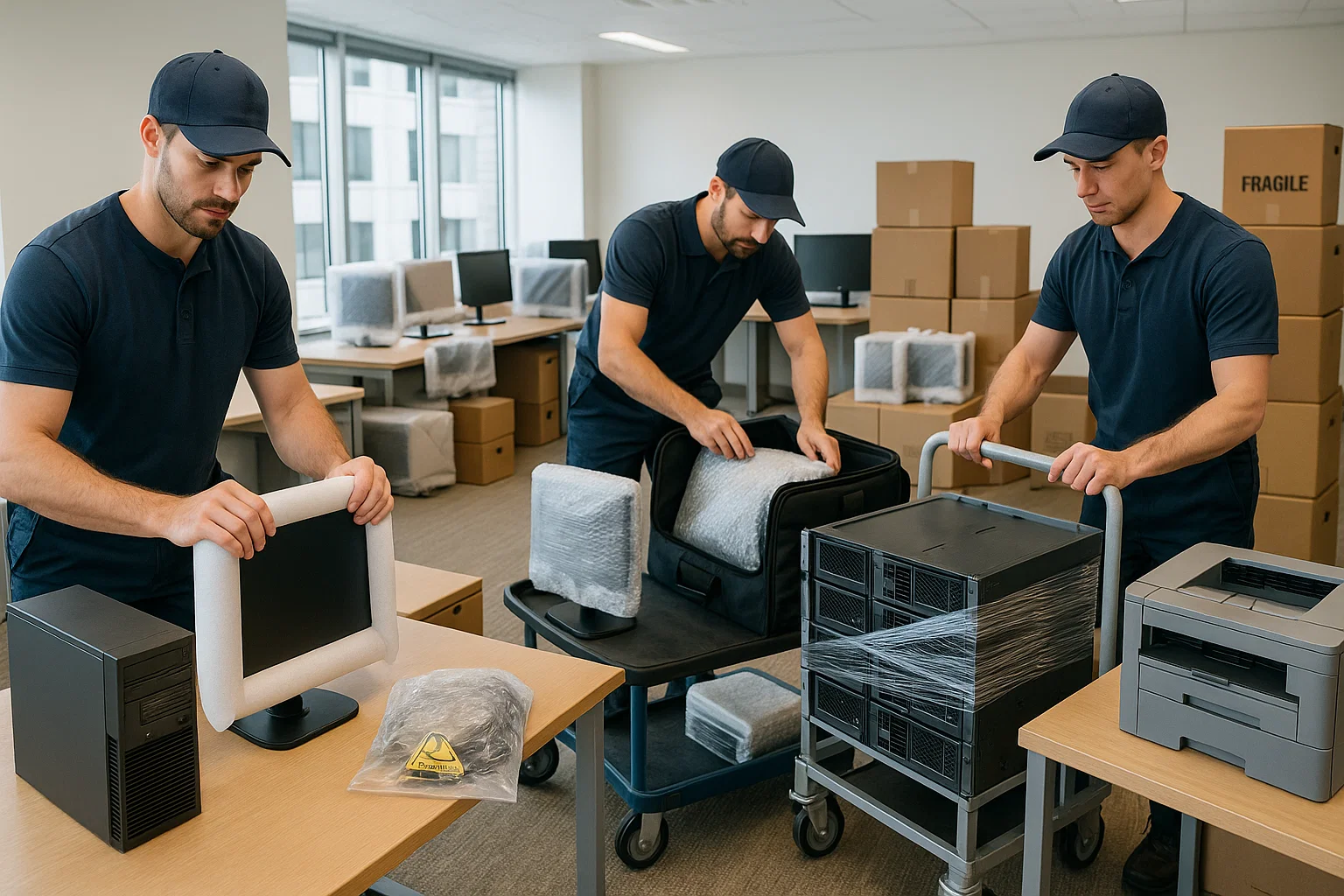 Three movers in navy uniforms carefully packing and transporting office equipment, wrapping monitors and loading secured computer servers onto carts in a workspace filled with boxes and covered electronics.