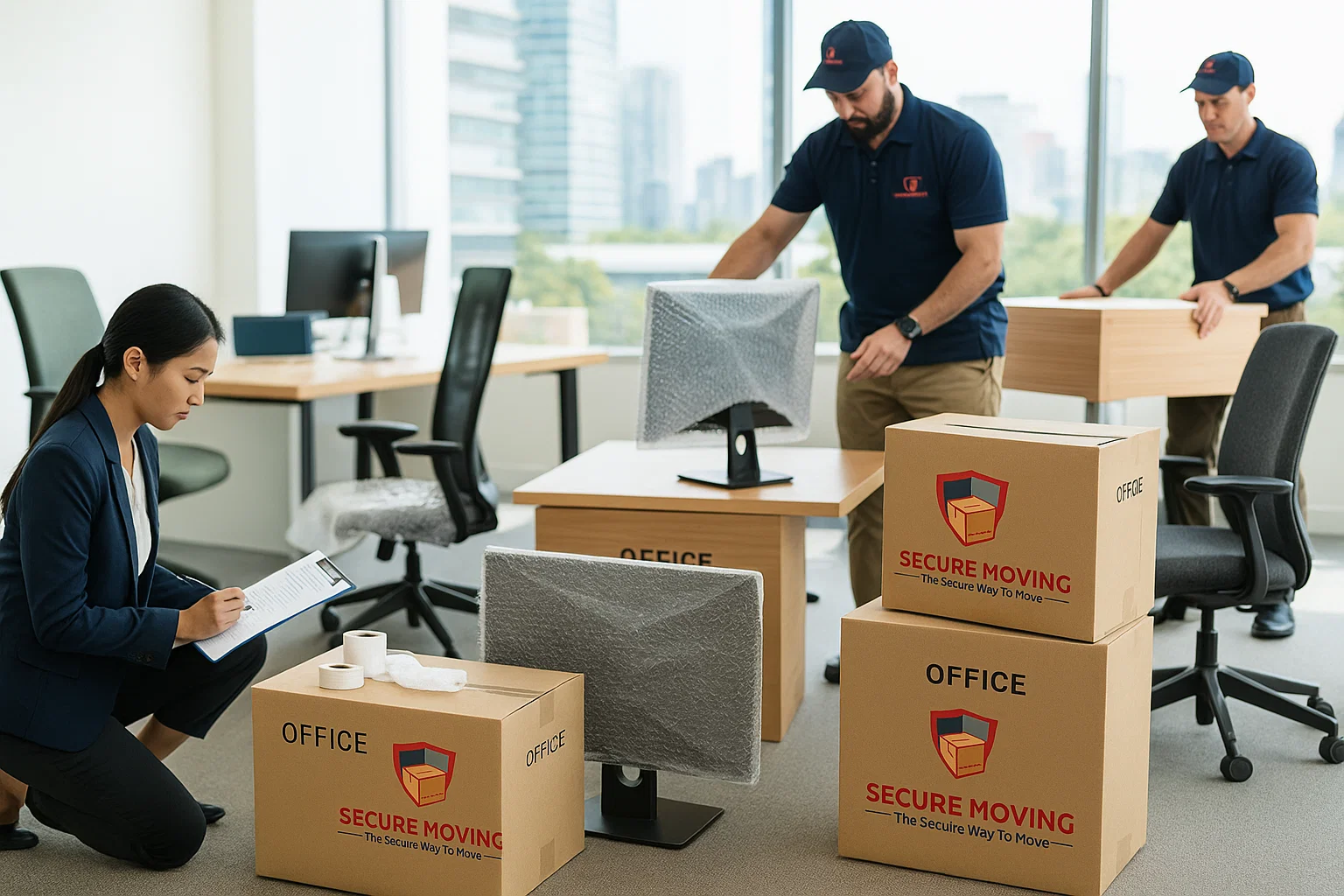 Office relocation scene with two uniformed movers carrying desks and wrapped computer monitors while a businesswoman kneels beside branded “Secure Moving” boxes, checking items off a clipboard.