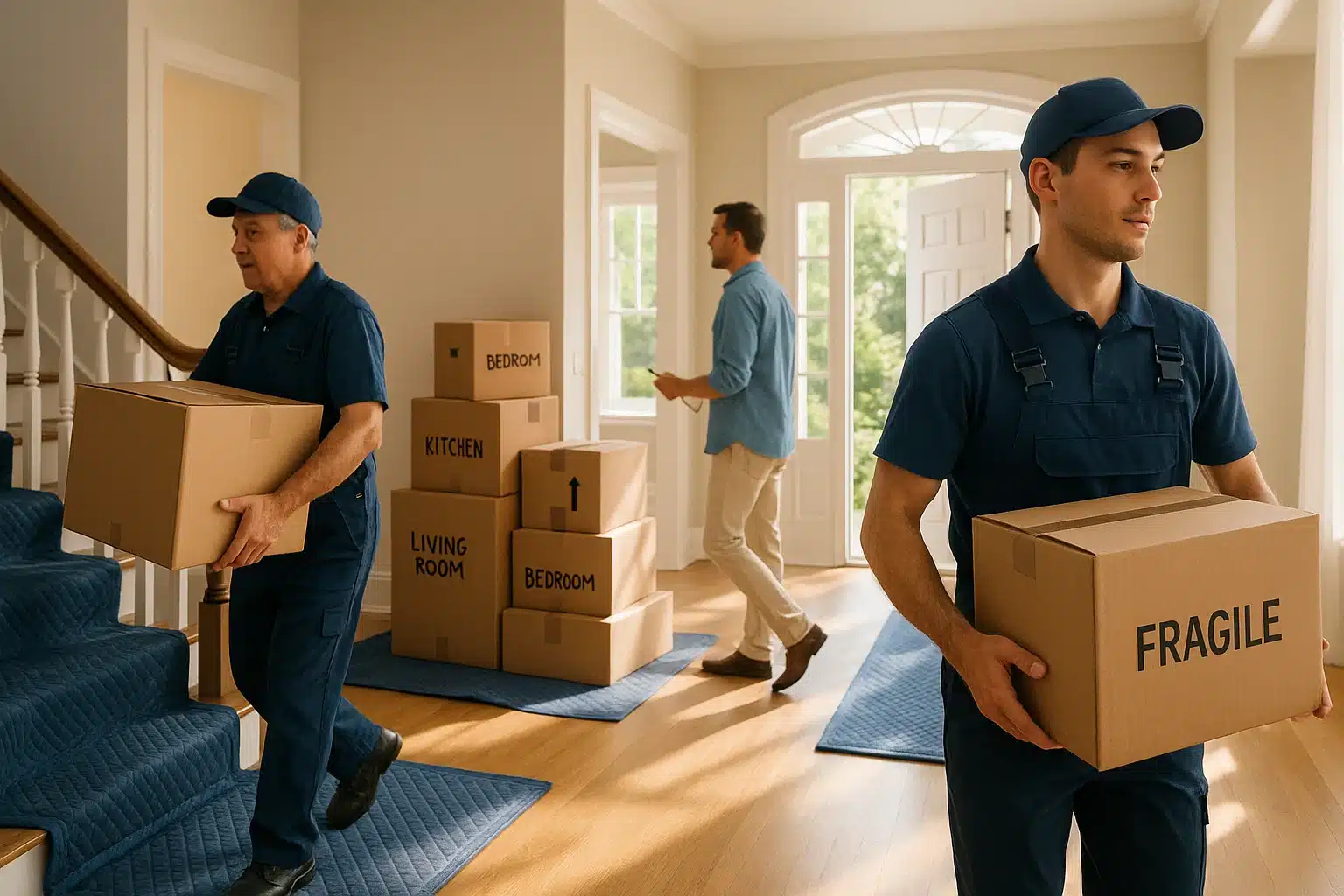 Professional movers carrying labeled cardboard boxes through a bright home entryway, while a homeowner walks nearby. Additional boxes are stacked by the staircase on protective blue floor coverings.