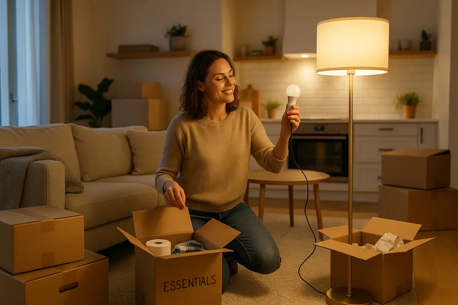 A woman unpacking an essentials box in her new home, smiling as she prepares to attach a lightbulb to a floor lamp. Moving boxes are scattered around a cozy living room and kitchen area.