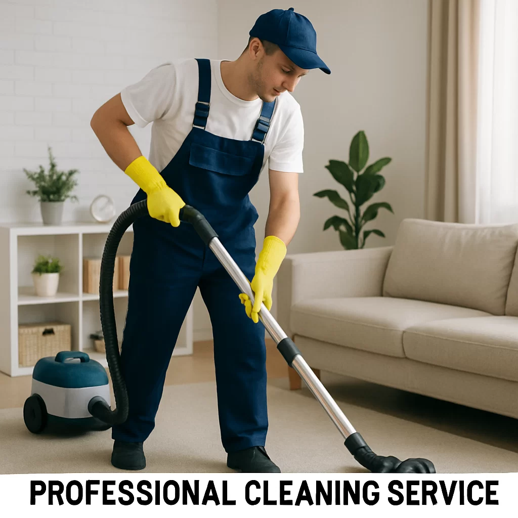Professional cleaning service worker vacuuming a living room while wearing blue uniform and yellow gloves.