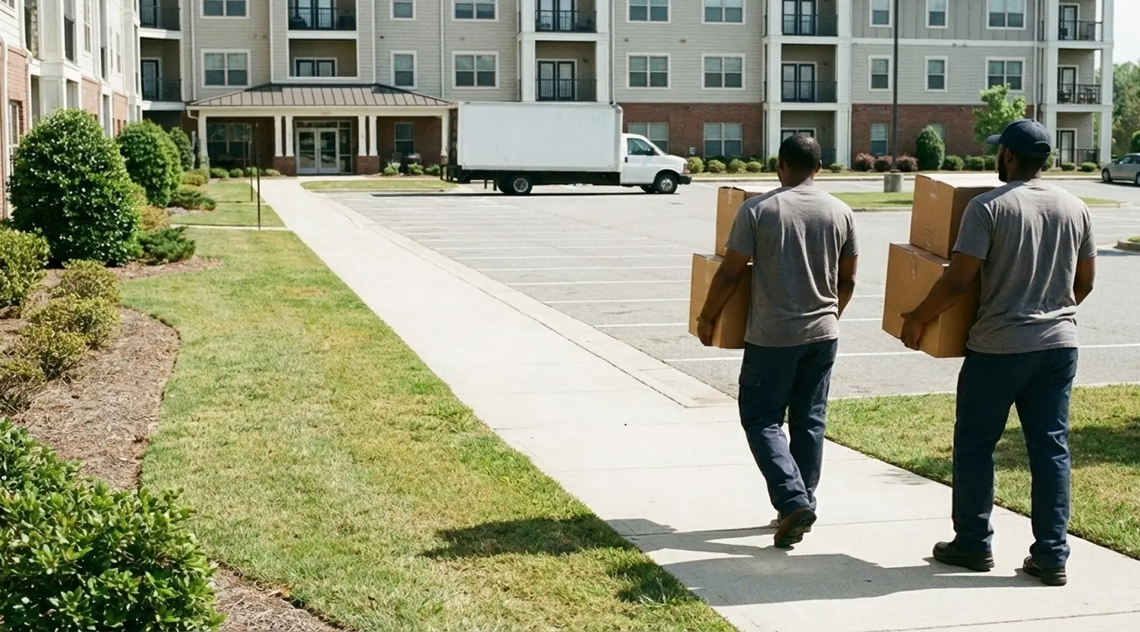 Two movers carrying boxes into an apartment — moving costs canada snapshot with typical Moving Expenses for local jobs.