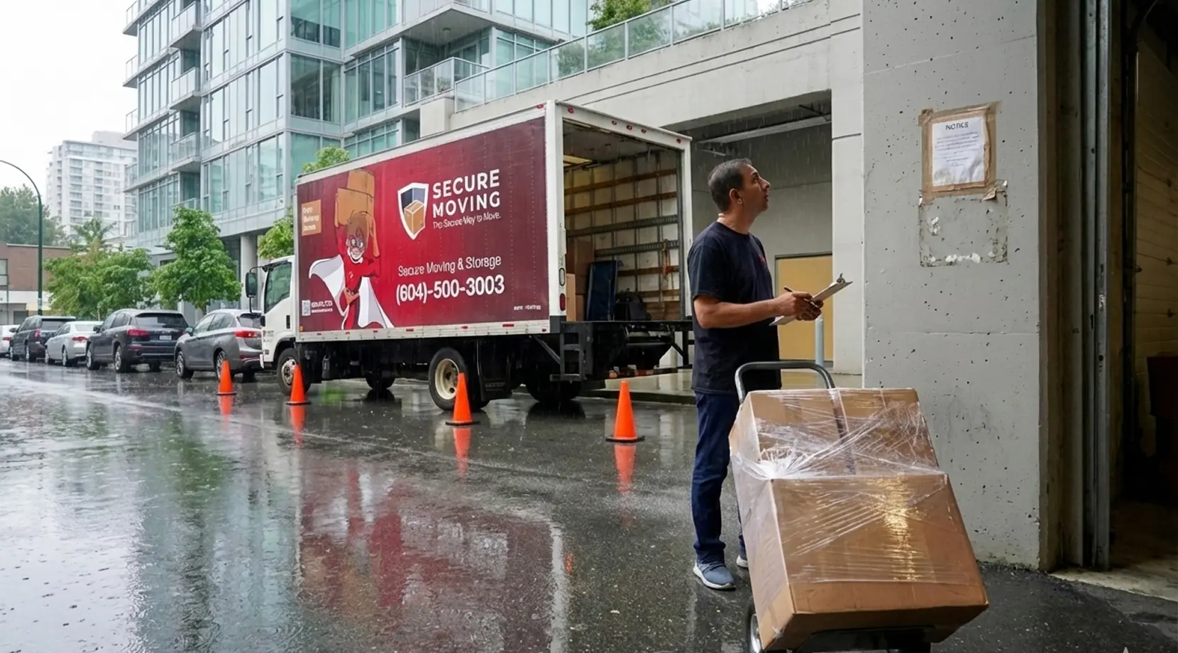 Rainy condo loading zone with a mover pushing a dolly of boxes; hidden moving costs like parking permits, elevator time, and long-carry distance.