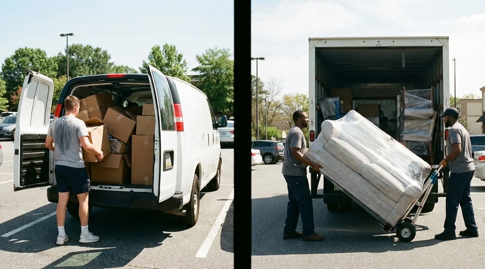 Boxes and a wrapped sofa loaded into trucks — moving costs canada guide with notes on claiming moving expenses canada at tax time.