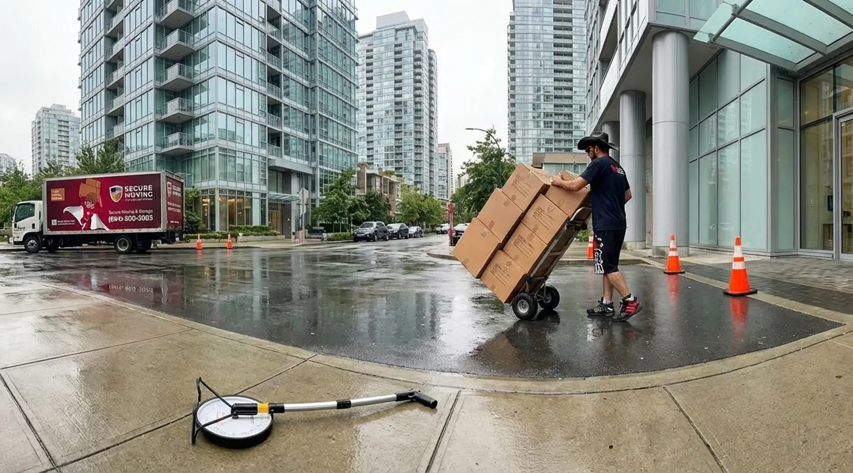 Rainy condo loading zone with a mover pushing a dolly of boxes; hidden moving costs like parking permits, elevator time, and long-carry distance.