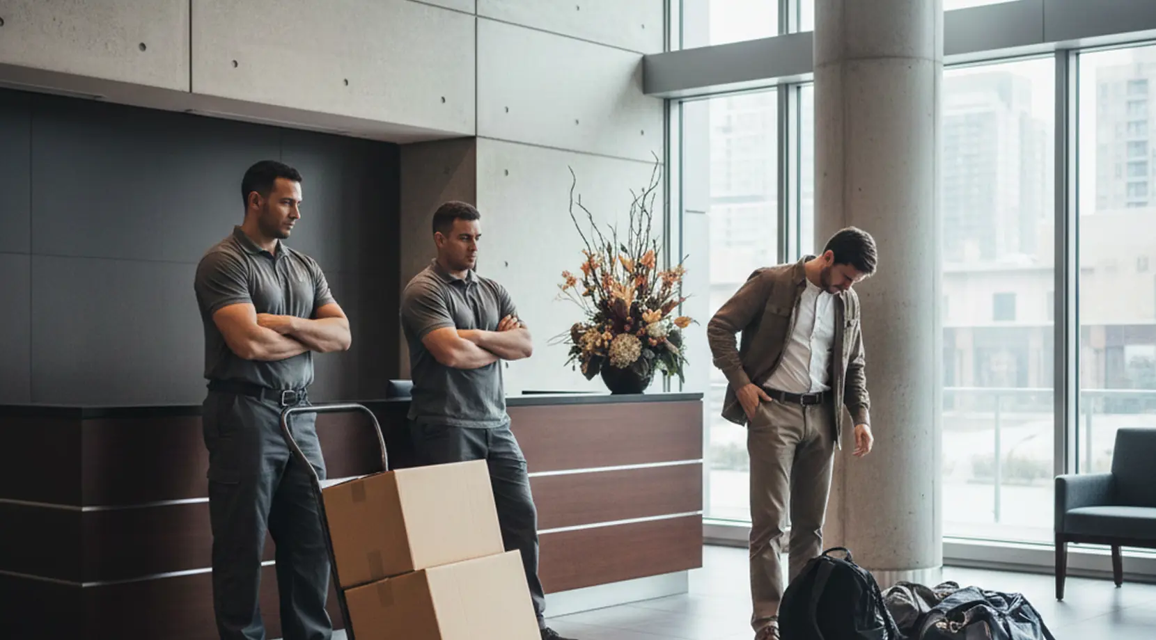 Apartment lobby with movers waiting beside boxes while a tenant checks in; unexpected moving costs from idle time, elevator booking, and restricted access windows.