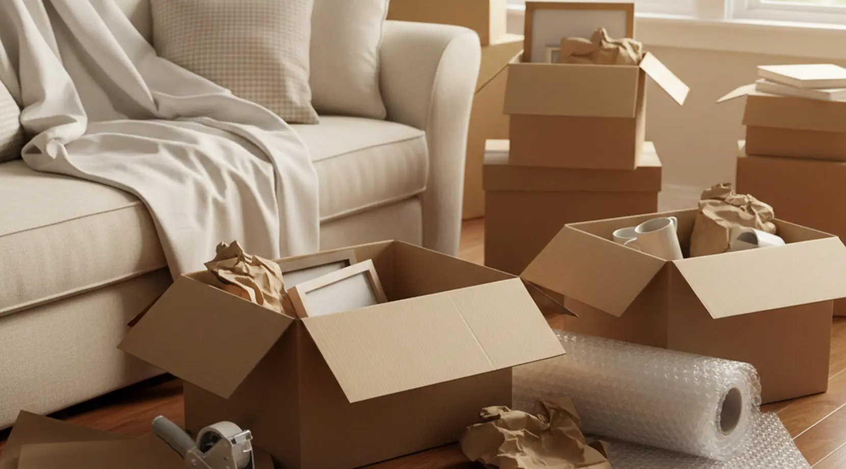 Living room full of boxes, bubble wrap, and tape; unexpected costs of moving on a budget, from packing materials to last-minute supplies and disposal.