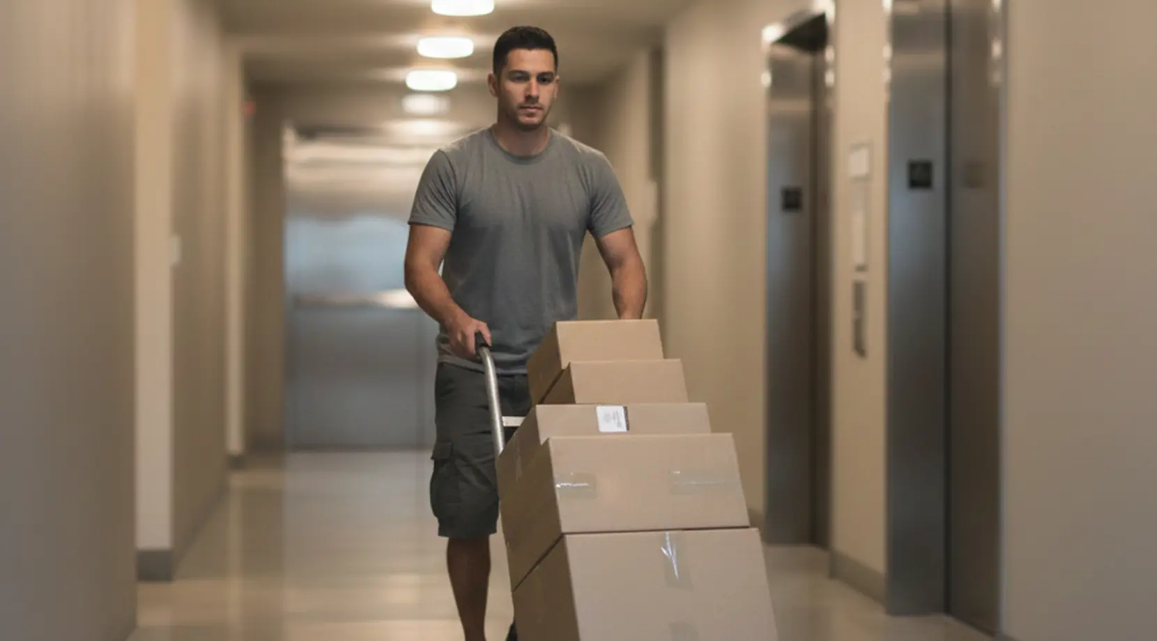 Condo hallway by elevators with a mover pushing stacked boxes; hidden moving costs such as long-carry surcharges, stair fees, and elevator reservation charges.