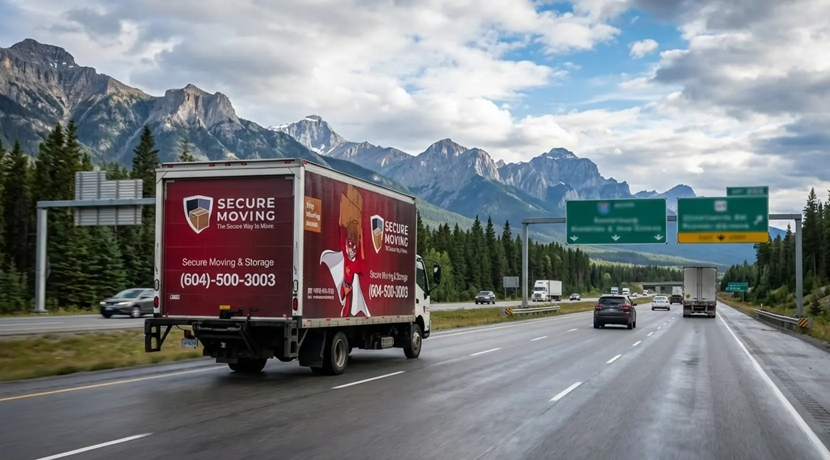 Moving truck on a mountain highway — visual for how much does it cost to move cross country, showing long-haul route and mileage factors.