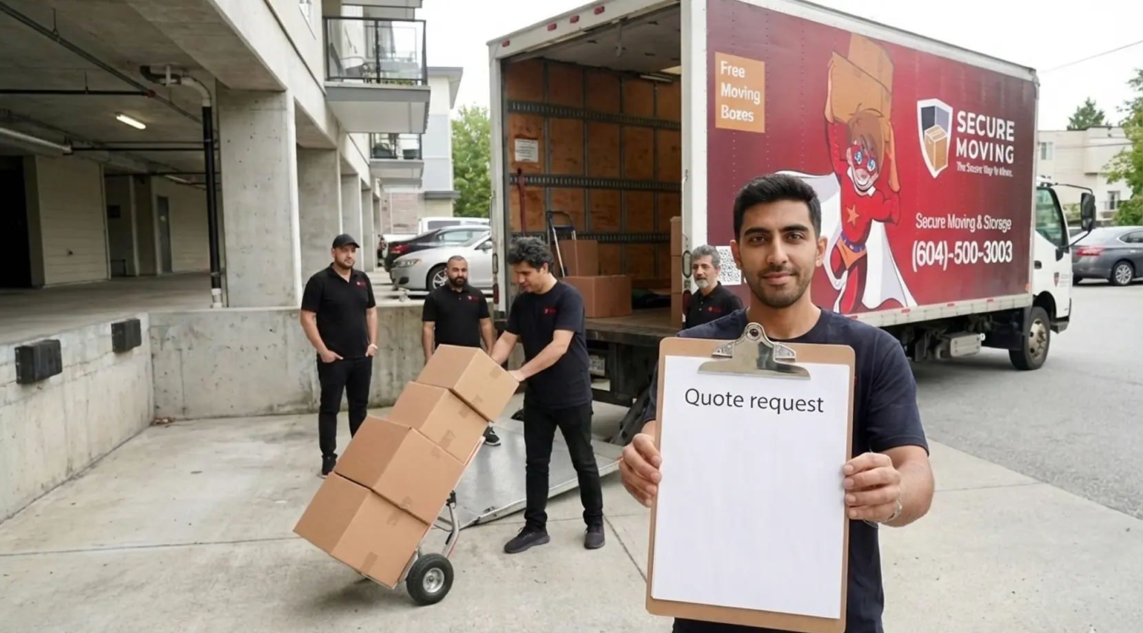 Movers preparing a quote at the truck — estimating the average cost to move cross country for labor, boxes, and travel time.