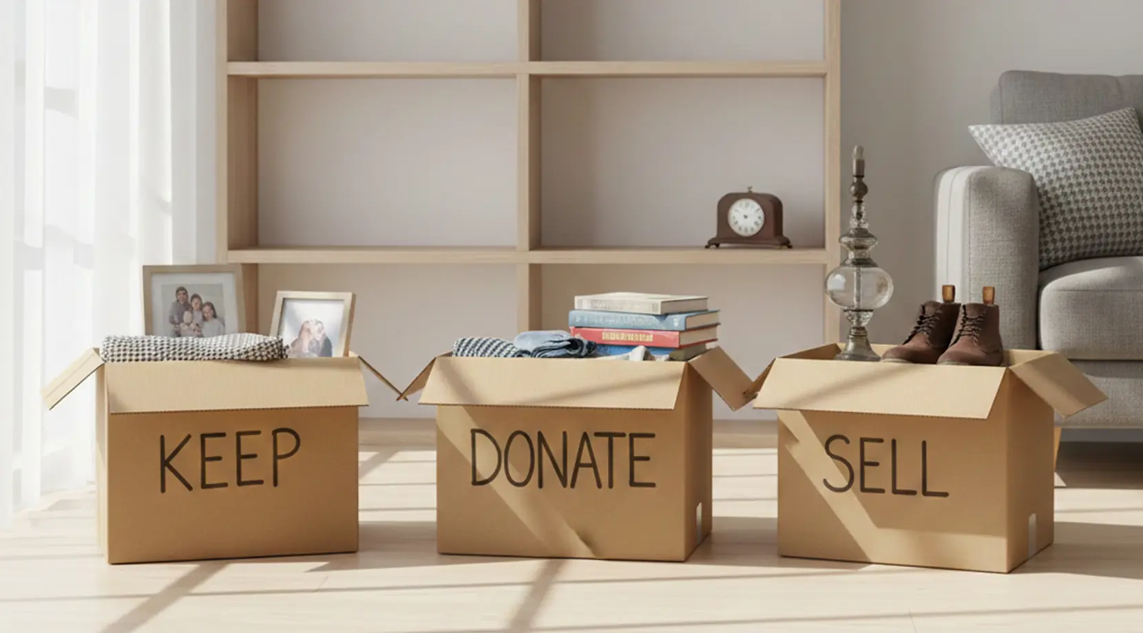 Keep/Donate/Sell boxes in a bright living room — downsizing as a cost effective way to move cross country and cut weight.