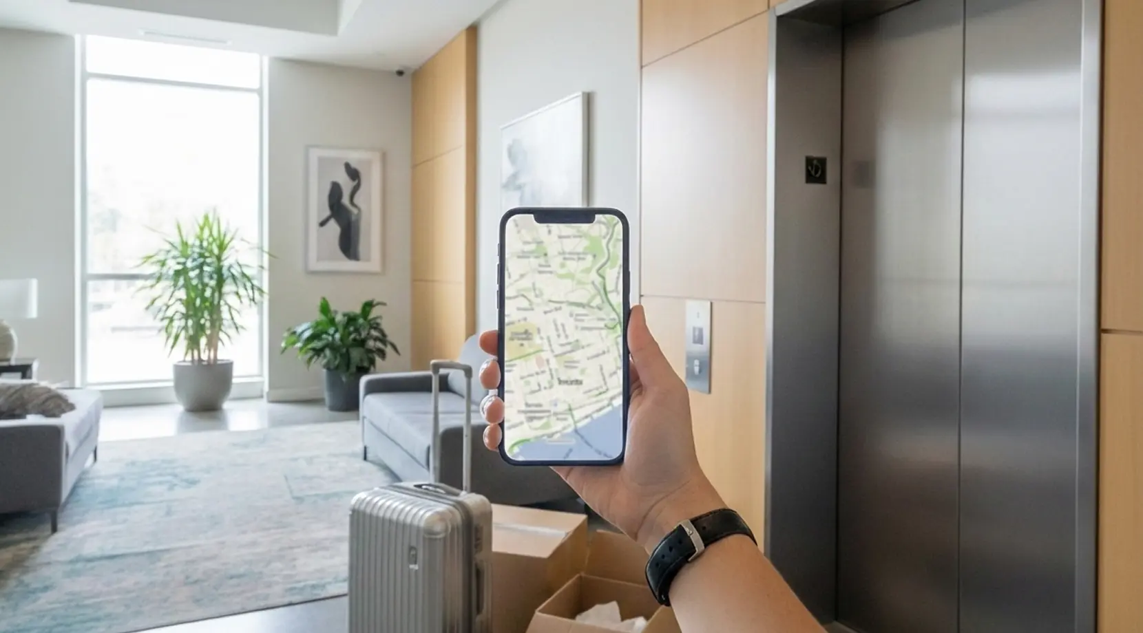 New apartment lobby with boxes and a map on phone — budgeting: how much money should I save up to move across the country for deposits, travel, and elevator bookings.