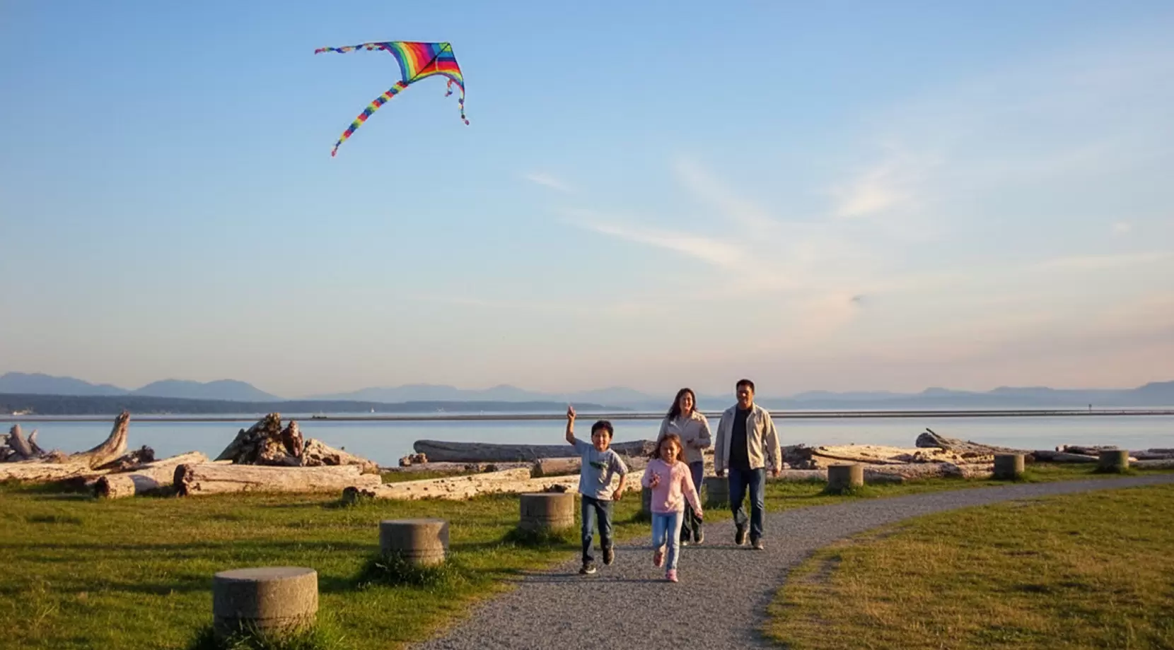 Family flying a kite at Garry Point Park at sunset, a classic pick for what to do in Richmond BC.