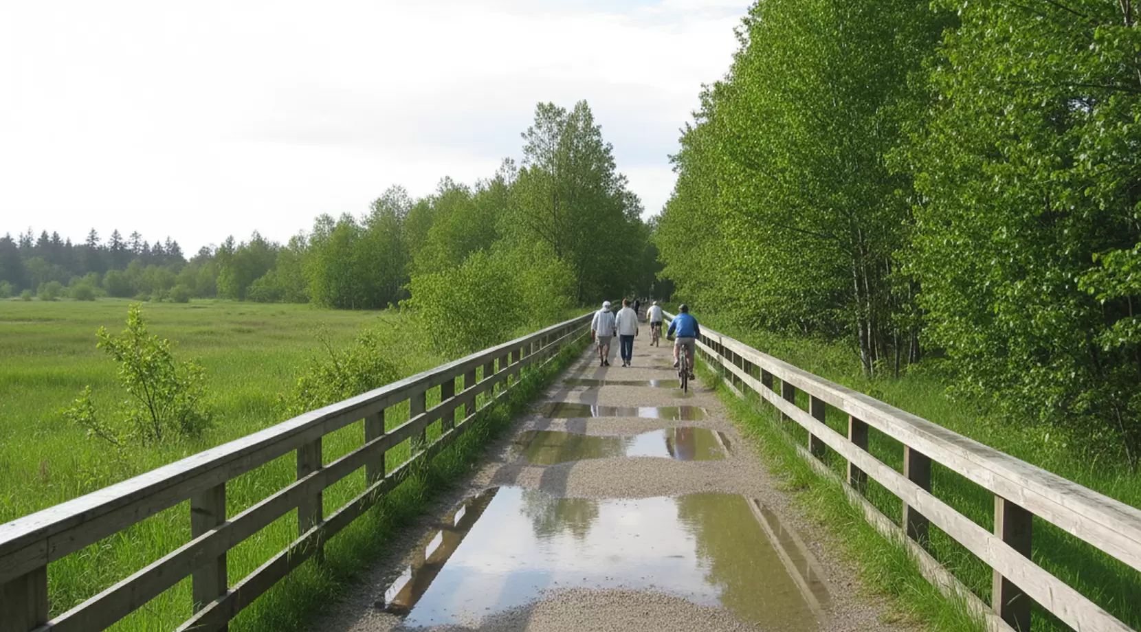 Walkers and a cyclist on the West Dyke Trail, a scenic path that ranks among the best things to do in Richmond BC.