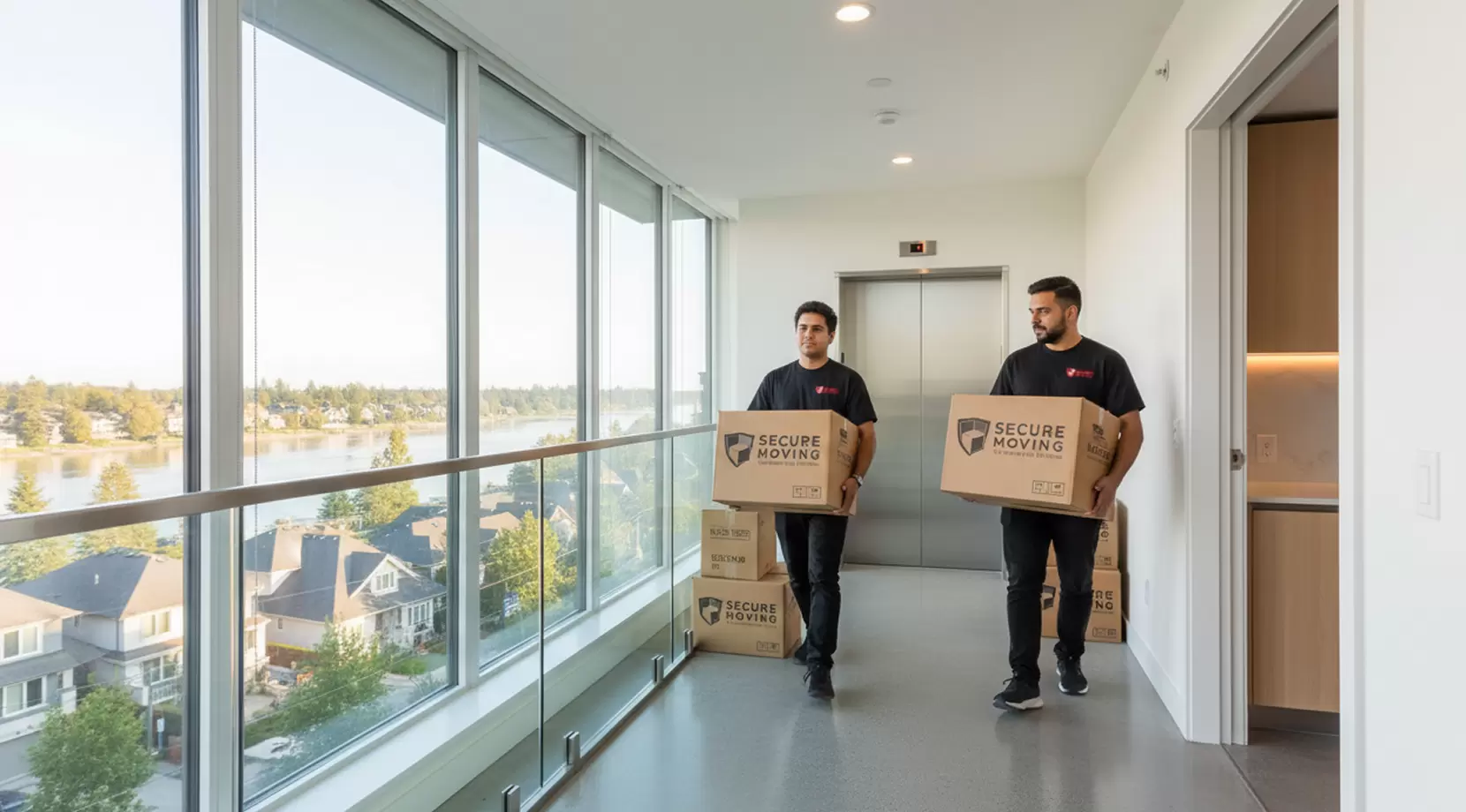 River view condo hallway in Richmond as two movers carry boxes, a quiet moment before exploring things to do in Richmond BC.